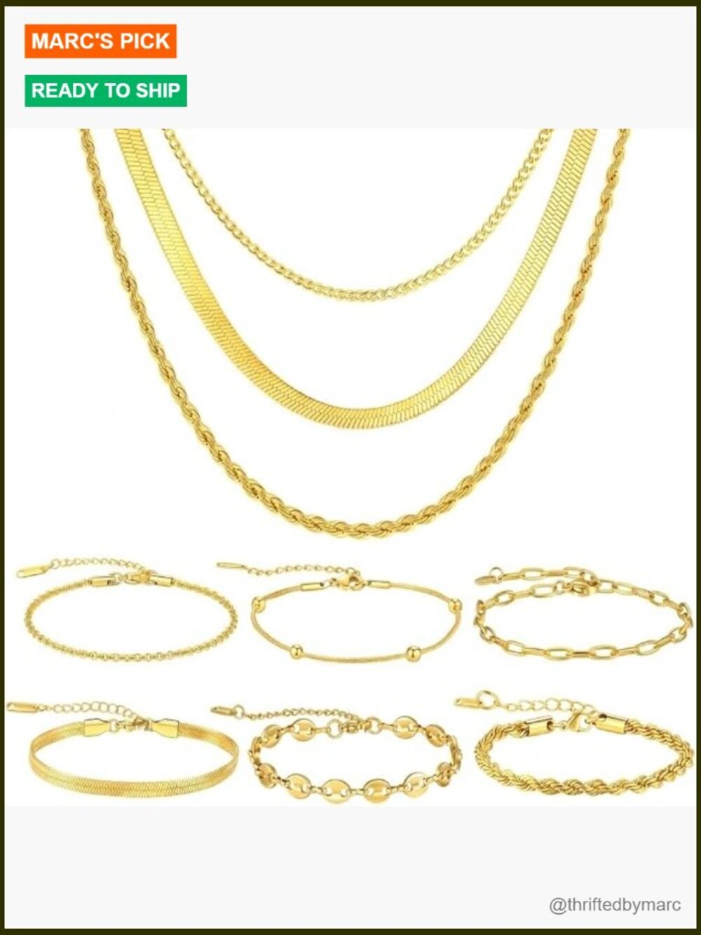 Gold Plated 9 Pc Layering Necklace & Bracelet Set Stainless Steel Adjustable